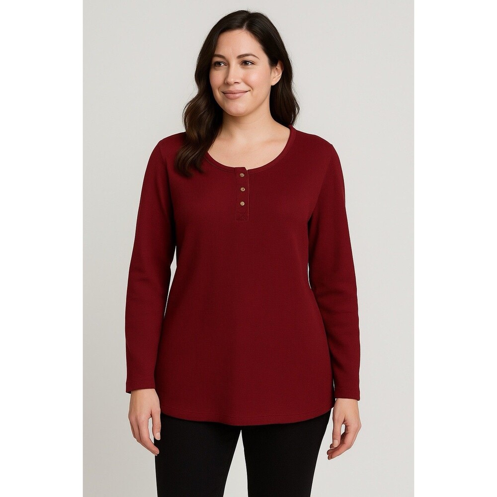 Quacker Factory  2X Plus Waffle Knit Button‎ Thermal Henley Tunic Top Shirt Red